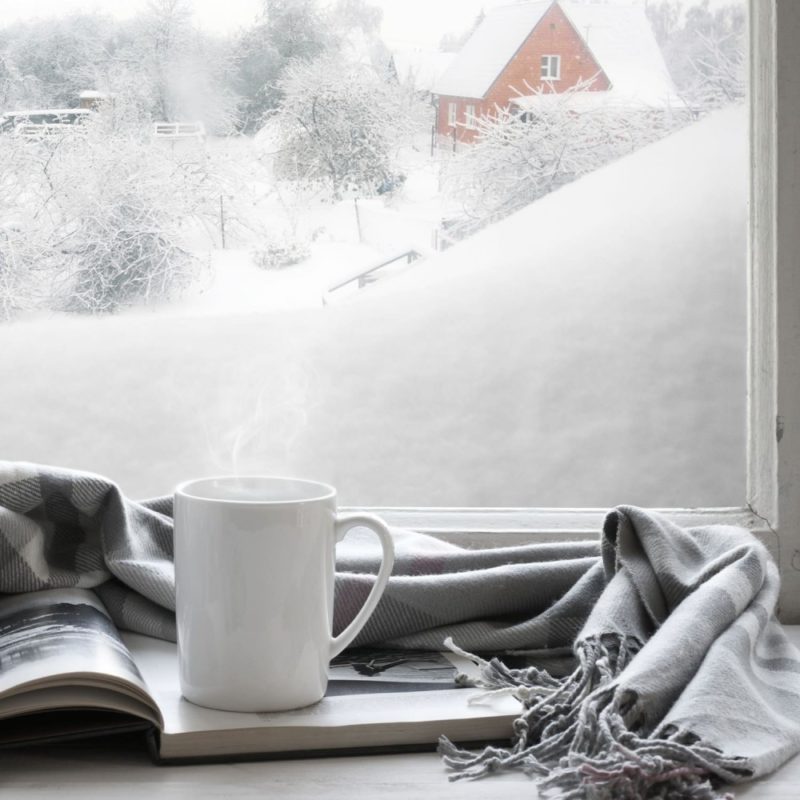 Winterliche Landschaft durch eine isolierte Fensterscheibe